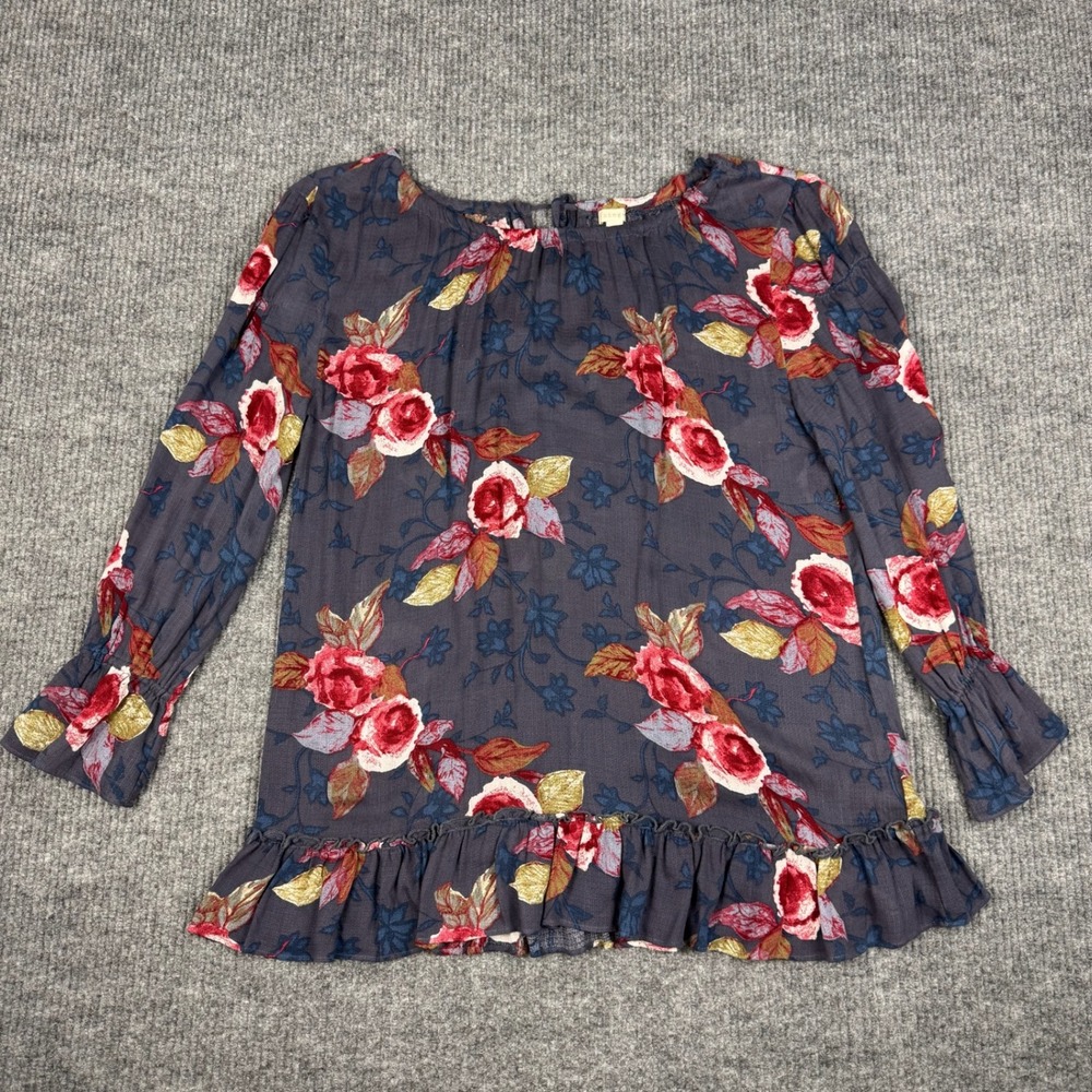 Hinge Tunic Womens M Gray Floral Rayon Ruffle Peasant Top Balloon Sleeve Boho‎